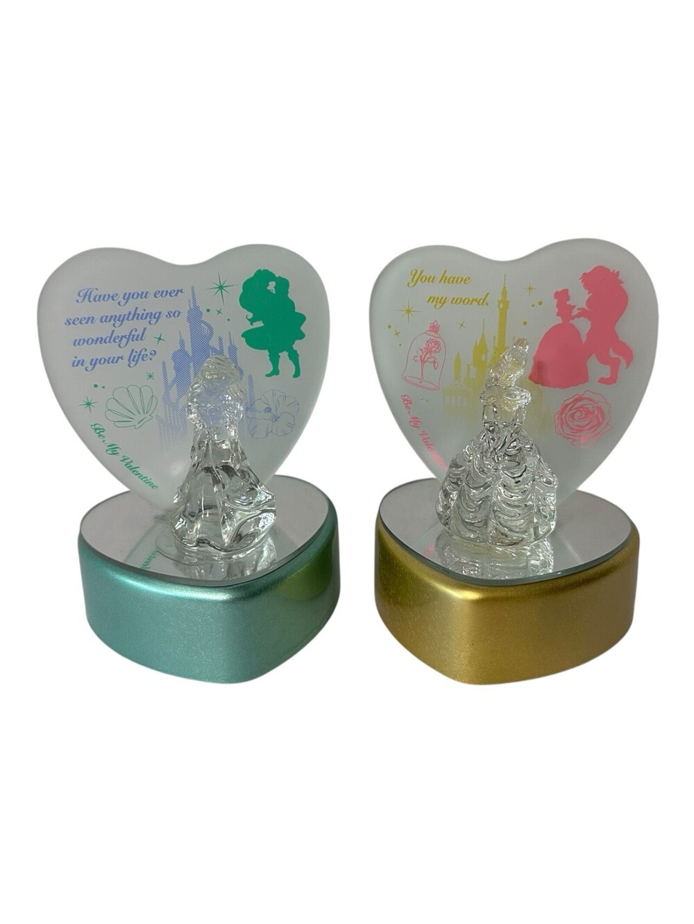 Lot Of 2 Disney Princess Ariel & Belle Light Up Glass Figurine Changes Colors 4”